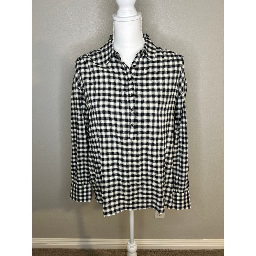 Faherty women's popover collared black and white check long sleeve top size S